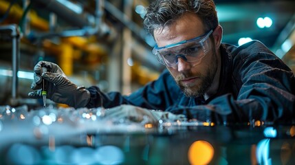 A technician testing industrial wastewater for contaminants, underscoring the need for stringent pollution control measures in manufacturing processes.