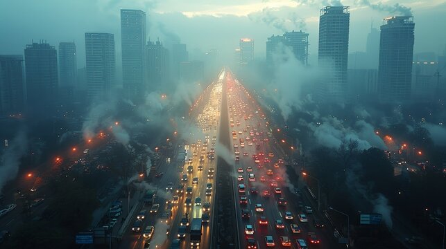 A chaotic cityscape with gridlocked traffic and pollution haze, representing the urban chaos exacerbated by environmental degradation.