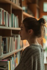 Young woman with her hair up exploring bookshelf at home