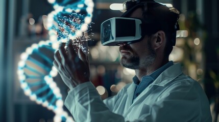 The scientist is using a VR headset to visualize a 3D model of a molecule.