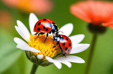 Two beautiful ladybugs couple sit and mate on a flower chamomile in summer