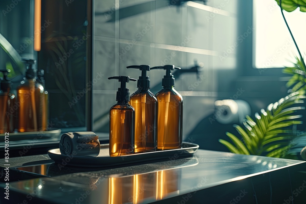 Poster three stylish amber bottles of shampoo and conditioner on a tray in a modern bathroom setting. gener