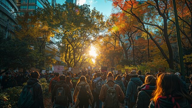A group of protestors rallying for climate action, showcasing the grassroots movement against global warming and environmental degradation.
