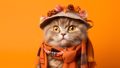 Cute cat in the autumn clothes cute cat in the autumn clothes cat wearing a knitted scarf and Cute cat, autumn clothes, knitted scarf, sweater, cozy, adorable, feline fashion, fall attire, warm, styli
