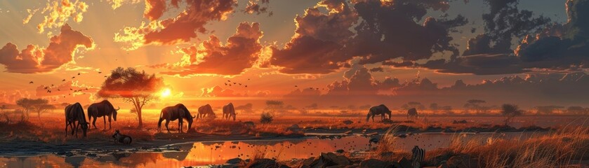 Fototapeta premium A historical illustration of a group of quaggas grazing near a waterhole in the African savannah, with a sunset sky in the background