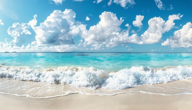 Beautiful sandy beach with white sand and rolling calm wave of turquoise ocean on Sunny day on background white clouds in blue sky. Island in Maldives