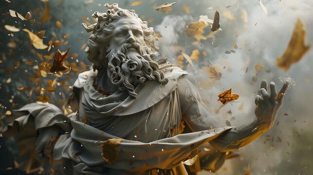 Zephyros, God of the Winds: A majestic figure with flowing robes, surrounded by swirling gusts and leaves