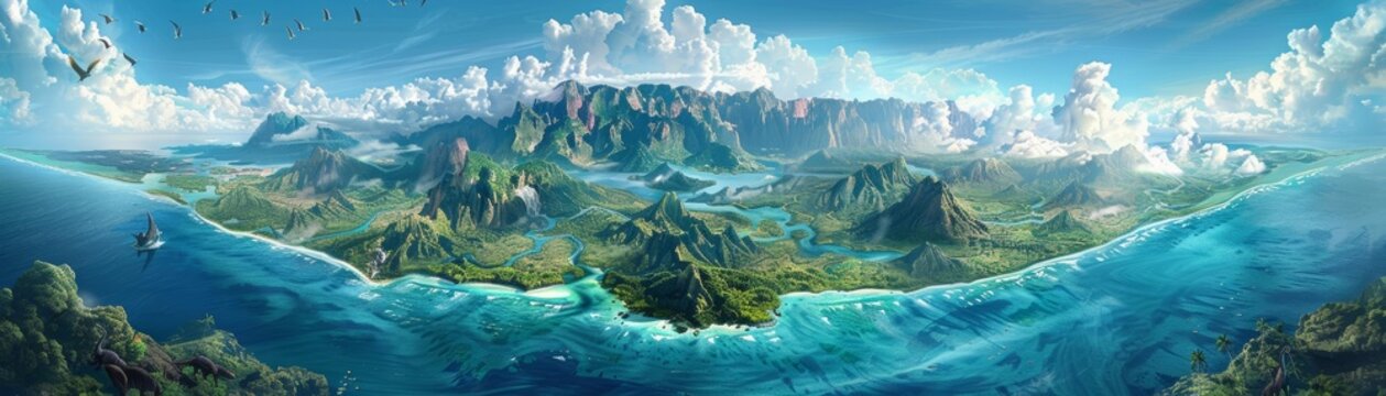 A panoramic illustration of Pangaea, showing a vast supercontinent surrounded by a single global ocean, with lush vegetation and various prehistoric animals in the foreground