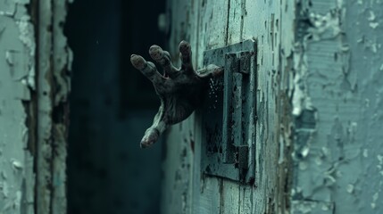 A hand is shown reaching out from a dark, wooden door