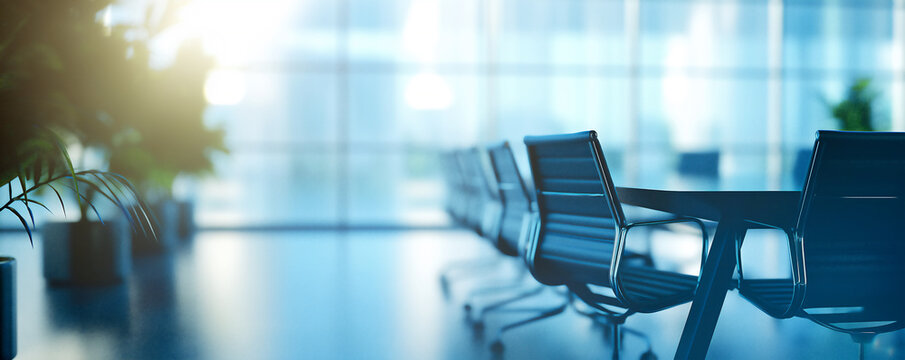 Blurred background of a modern office meeting room with a table and chairs for a business concept