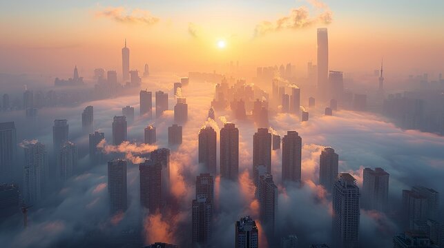 A megacity skyline blanketed in smog, portraying the health hazards of air pollution exacerbated by urbanization and industrialization.