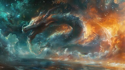 A big dragon on a planet in space
