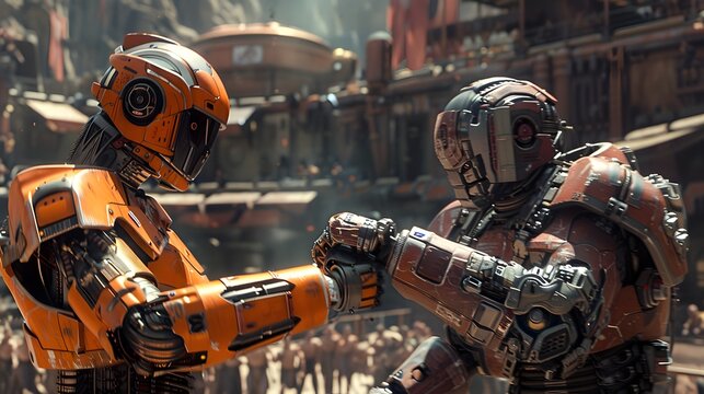 Two robots fight in a battle arena