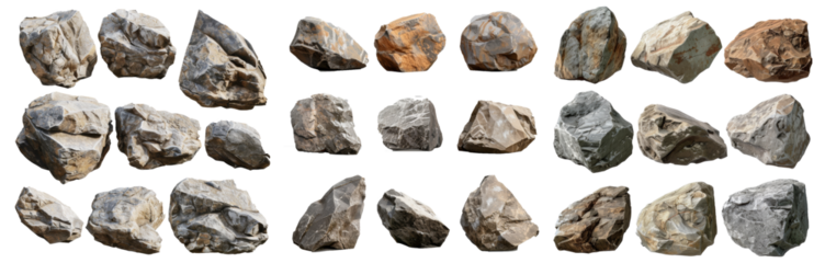 An isolated collection of huge rocks on a transparent background. Realistic three-dimensional rendering.