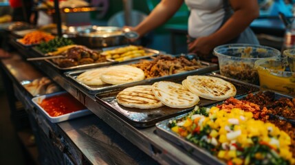 Obraz premium A variety of delicious and fresh Mediterranean food is available at this street food stall.