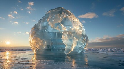 A melting ice sculpture of Earth, serving as a poignant symbol of the urgent need for collective action to address global warming.