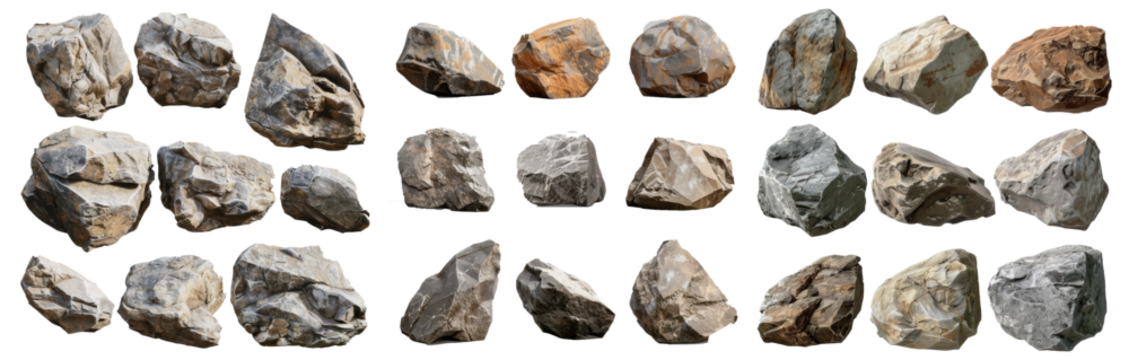 An isolated collection of huge rocks on a transparent background. Realistic three-dimensional rendering.