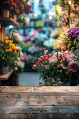 A wooden counter in the foreground with a blurred background of a flower shop. The background features various bouquets, potted plants, floral arrangements, and a colorful, fragrant display.