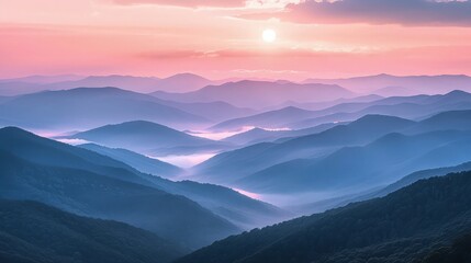 Fototapeta premium A panoramic view of the Blue Ridge Mountains at sunrise, the sky painted in soft shades of pink and orange, highlighting the misty valleys between the layered hills.