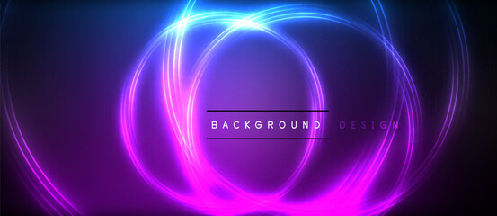 Neon glowing circle rays, light round lines in the dark, planet style neon wave lines. Energetic electric concept design for wallpaper, banner, background