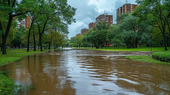A city park flooded by heavy rainfall, illustrating the impacts of climate change-induced extreme weather events on urban infrastructure.