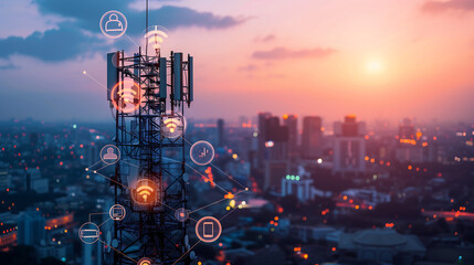 advanced cell tower with digital connections to icons representing various network banner