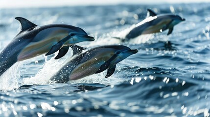 Obraz premium A serene scene of two dolphins swimming side by side in a large, crystal-clear pool, their sleek bodies gliding through the water effortlessly, reflecting their strong bond and intelligence.
