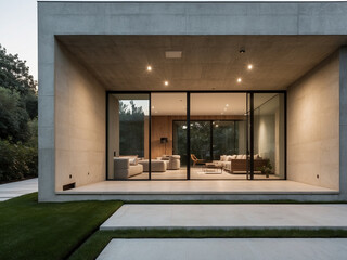 A stylish modern house built with exposed concrete walls and expansive windows.