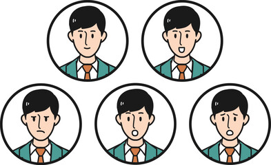 ビジネスマンの男性の喜怒哀楽表情別アイコンセット