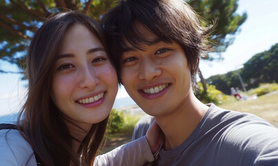 Obraz premium Japanese couple takes a selfie. Selfie against nature background