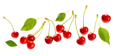 Cherry isolated. Fresh ripe cherries with leaves isolated on a white background.Sweet cherries pile. Berries and fruits. Vegan. Healthy eating. © Avocado_studio