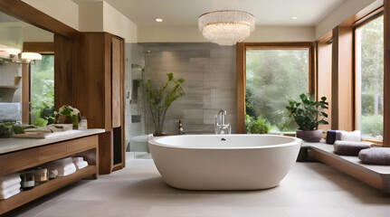Fototapeta premium Serene Oasis ,Tranquil Master Bathroom with Luxurious Soaking Tub and Spa-Like Amenities,