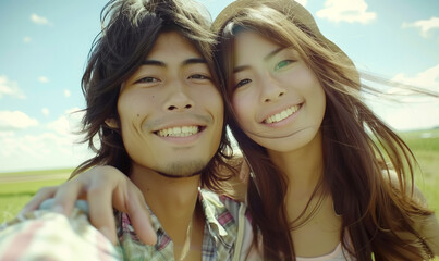 Fototapeta premium Japanese couple takes a selfie. Selfie against nature background