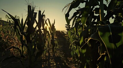 A rustic garden at twilight, the silhouettes of towering corn stalks and robust zucchini plants casting long shadows in the fading light.