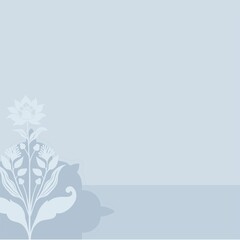 Ready-made background on the theme of an ancient botanical ornament in blue tones. Folklore motifs depicted in silhouettes are suitable for invitations, wedding decorations, cards, branding, and print