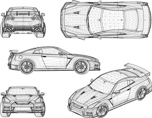 Sketch illustration vector detailed design drawing of flat sports racing car, exclusive model for the Crazy Rich collection 