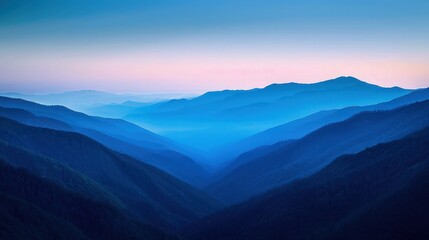 A serene twilight scene in the Smoky Mountains, the hills and valleys bathed in a tranquil blue hue...