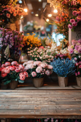 A wooden counter in the foreground with a blurred background of a flower shop. The background features various bouquets, potted plants, floral arrangements, and a colorful, fragrant display.