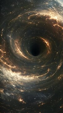 A cosmic scene with a powerful black hole at its center, surrounded by swirling galaxies and stars, showing the immense gravitational pull of this space phenomenon