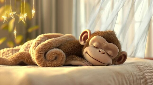 Adorable monkey peacefully sleeping on a fluffy blanket. Cozy primate naptime.
 Seamless looping 4k time-lapse virtual video animation background. Generated AI