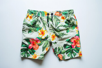 Floral Patterned Men's Swim Shorts on White Background