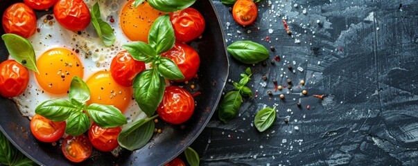 Fried Eggs With Tomatoes and Basil in a Pan