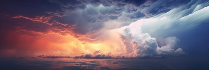 dramatic huge clouds of thunderstorm on sky with sunset
