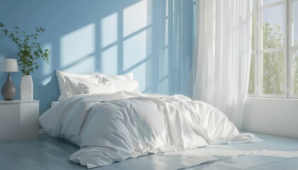 A serene bedroom interior with white bedding and pale blue walls, exuding tranquility and softness in home decor