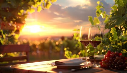 An outdoor vineyard dinner setting with wine glasses and a sunset backdrop, perfect for romantic or culinary-themed visual content