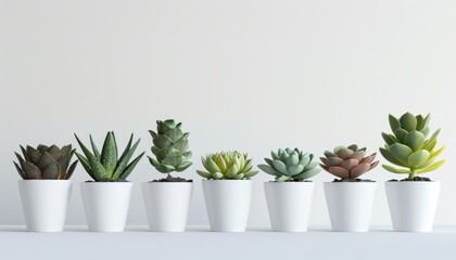 A row of succulent plants in white pots against a clean background, arranged neatly to emphasize simplicity and order, with copy space for text