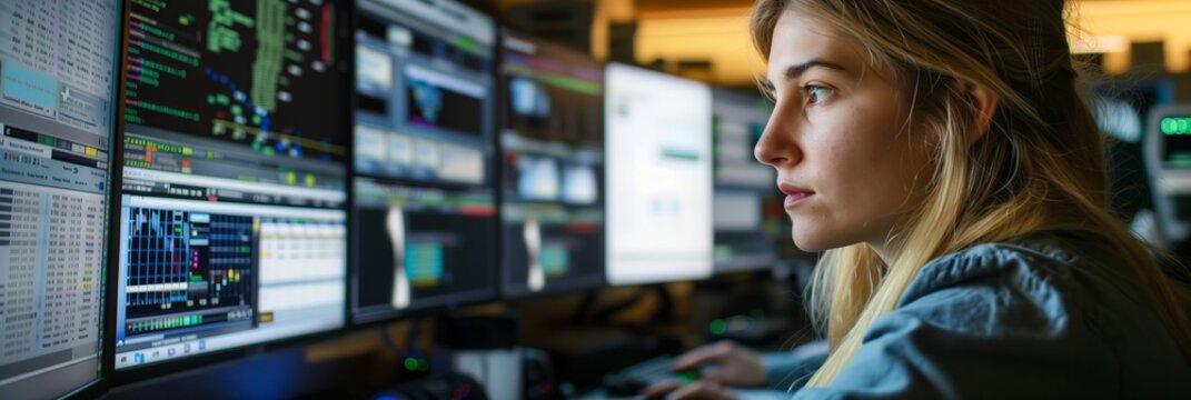 A woman works as an operator specialist in a computer data center in front of many monitors with charts and data
