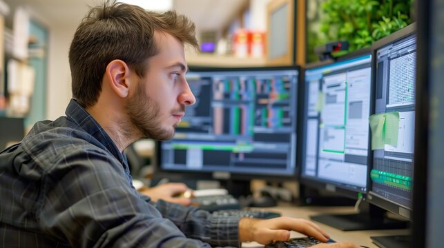 A man works as an operator specialist in a computer data center in front of many monitors with charts and data