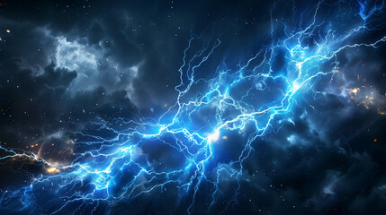 Fototapeta premium Lightning, electric thunderbolt strike of blue color during night storm, impact, crack, magical energy flash