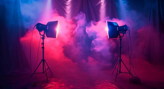 A stylish studio background bathed in the soft glow of projector lights
